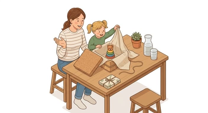 A parent and child share a moment as a cork-lidded gift is opened to reveal a wooden toy.