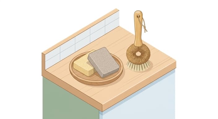 Sustainable kitchen essentials: compostable sponges and an agave-fiber dish brush.