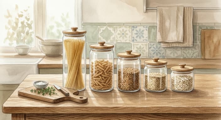 Clear glass storage jars with airtight lids lined up on a wooden counter.
