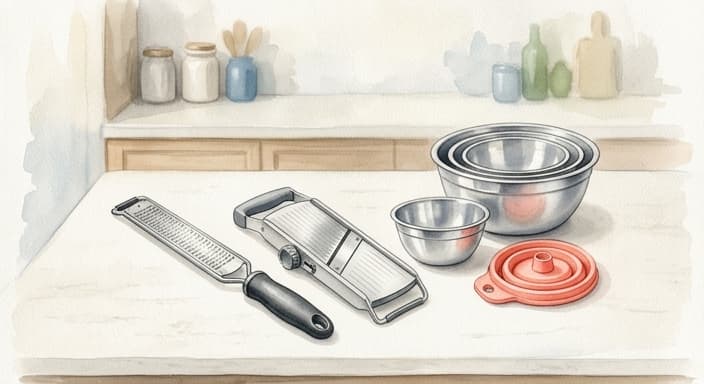 Microplane-style zester, compact mandoline, and nested bowls with a collapsible funnel on the counter.