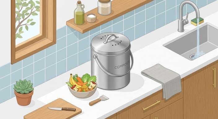 A stainless steel compost bin designed to contain odors in a modern kitchen.