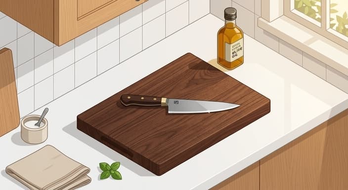 A hardwood cutting board with a knife on a clean counter, highlighting sustainable wood.