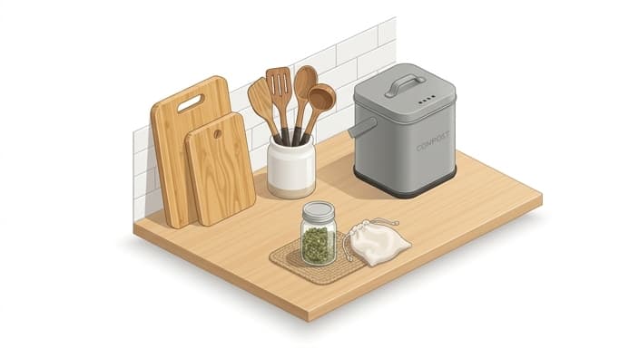 Eco-friendly kitchen essentials on the counter: bamboo boards, wooden utensils, and a stylish compost bin.