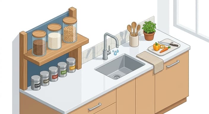 Organized bulk storage and smart habits for a low-waste kitchen with clear canisters and metal spice tins.