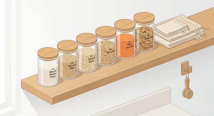 Plastic-free pantry setup with glass jars, bamboo lids, and reusable cotton produce bags.