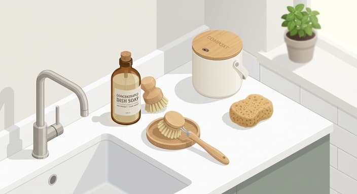 Eco-friendly cleaning station featuring glass soap bottles and wooden brushes for a greener spring tidy.