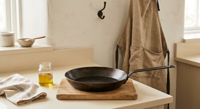 A seasoned carbon steel skillet sits beside linen textiles on a light counter.