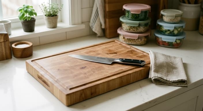 Maple end-grain cutting board with glass storage containers for a tidy, sustainable kitchen.