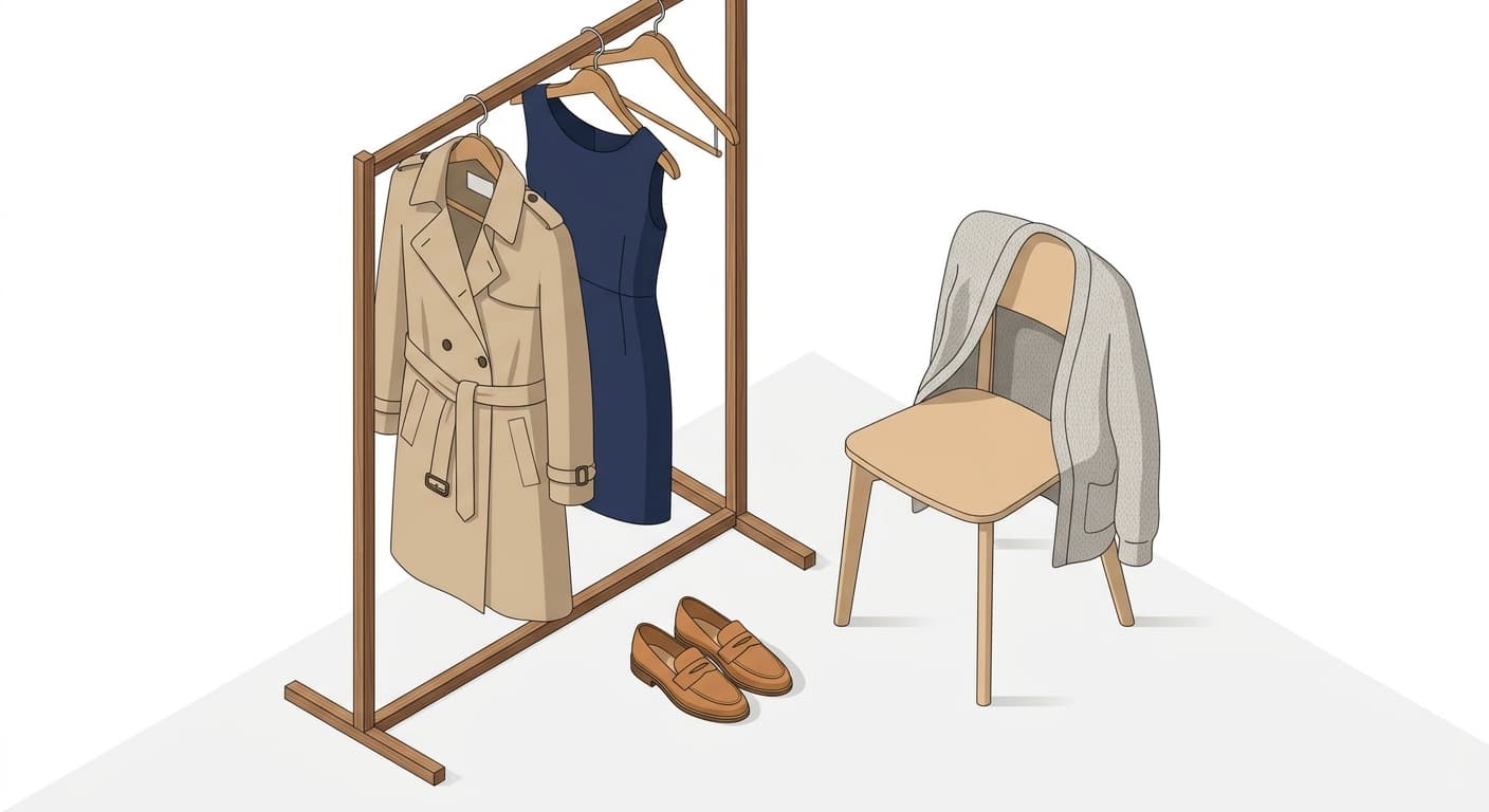 Timeless sustainable wardrobe featuring classic pieces on a minimalist rack.