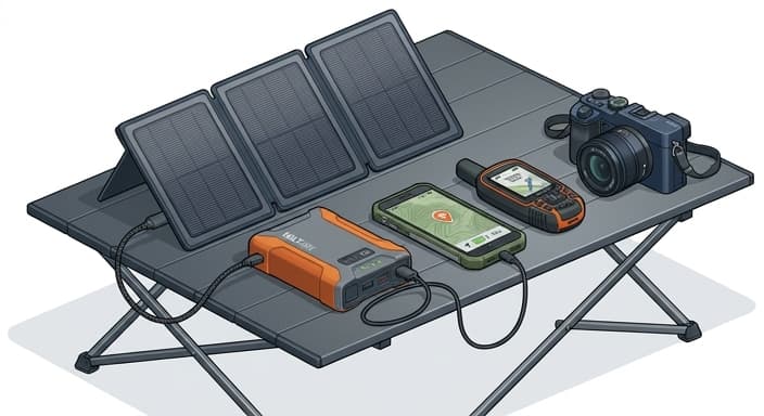 A portable solar charging setup with devices ready for outdoor adventures.