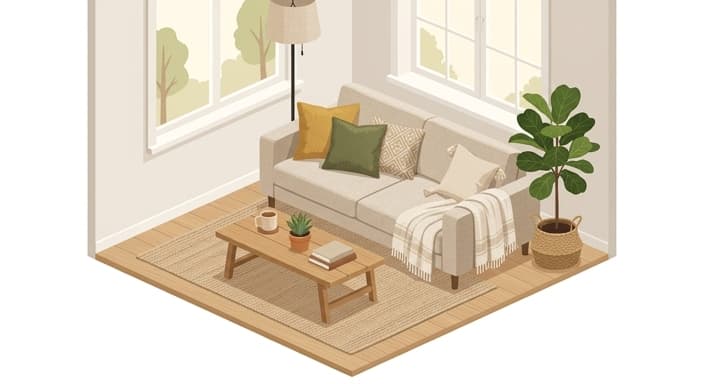 Decorative pillows in natural textiles brighten the living room with a sustainable, tactile look.