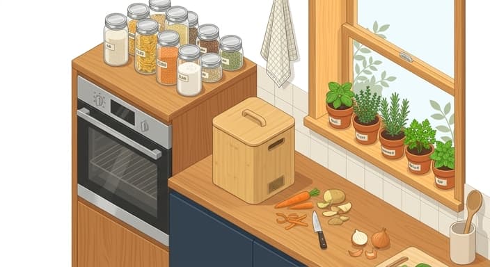 Glass and stainless steel containers sit on the counter beside a bamboo composter for turning kitchen scraps into garden nourishment.