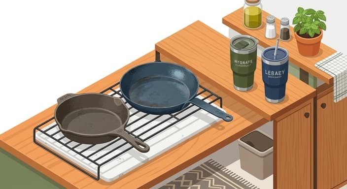 A durable kitchen setup featuring cast-iron and carbon steel cookware with insulated tumblers for mindful hydration.