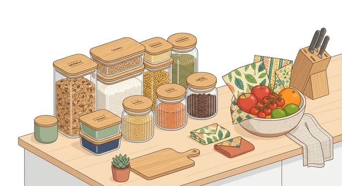 A plastic-free kitchen starter kit featuring glass containers with bamboo lids and beeswax wraps.