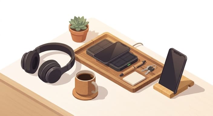 Eco-friendly tech gifts arranged on a clean desk, highlighting solar charging and recycled-material headphones.