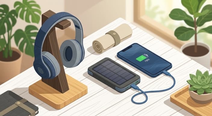 A conscious gifting moment featuring solar charging and ocean-plastic headphones.