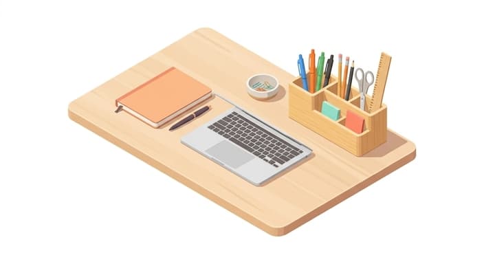 A neatly organized desk with a bamboo organizer and magnetic paperclip bowl.