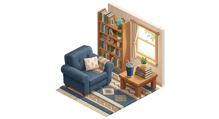 A cozy reading nook with an insulated tumbler on a small table.