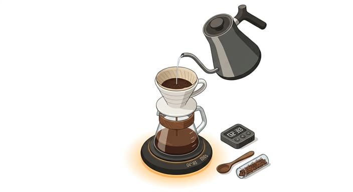 A precision-pour kettle and digital heating base enabling steady, even extraction.