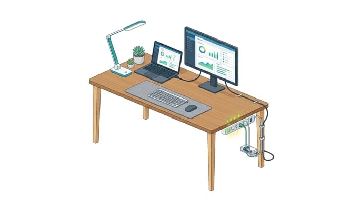 A clean workspace showing a smart power strip for energy-efficient productivity.