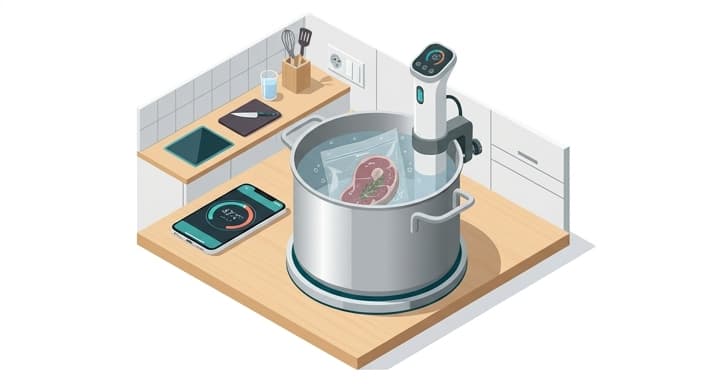 Sous-vide precision setup with immersion circulator and a connected temperature gauge on mobile.