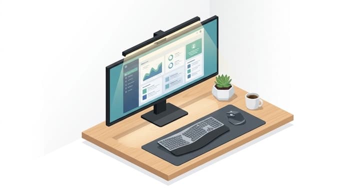 Desk setup with a monitor and a slim light bar for eye comfort.