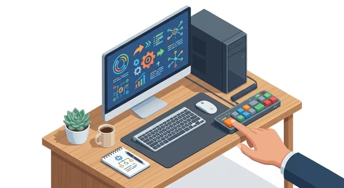 A compact macro keypad enables one-tap control of multi-step workflows, saving time.