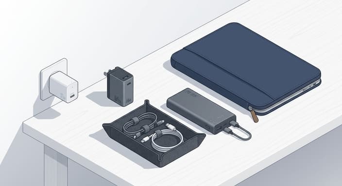 A tidy travel charging setup with compact chargers, organized cables, and a high-capacity power bank.