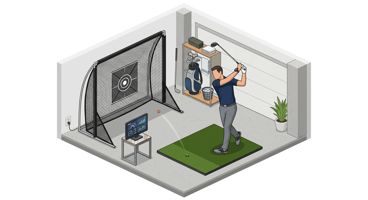 Home golf practice setup with a glove-mounted swing sensor and a data display.
