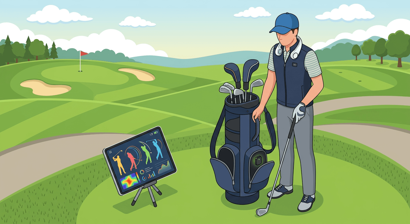 Golfer with compact wearable tech in the bag pocket and AI swing analysis display.