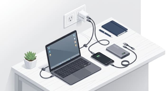 A compact GaN charging setup keeps devices powered with minimal clutter.