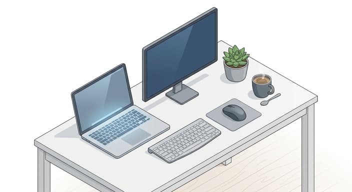 A clean home office setup featuring an ergonomic mouse beside a laptop for comfortable long work sessions.