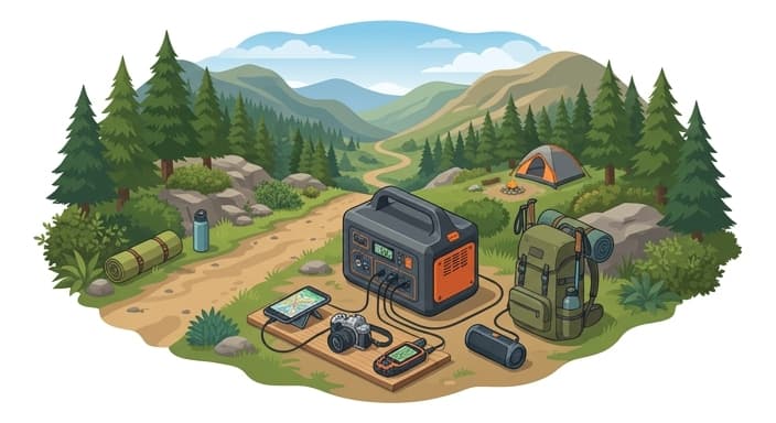 On the trail, a rugged portable power station keeps a phone, camera, and GPS charged during outdoor adventures.