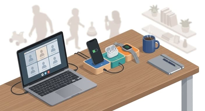A tidy home office shows a modular charger keeping a phone, earbuds, and smartwatch powered while the laptop handles a video call.