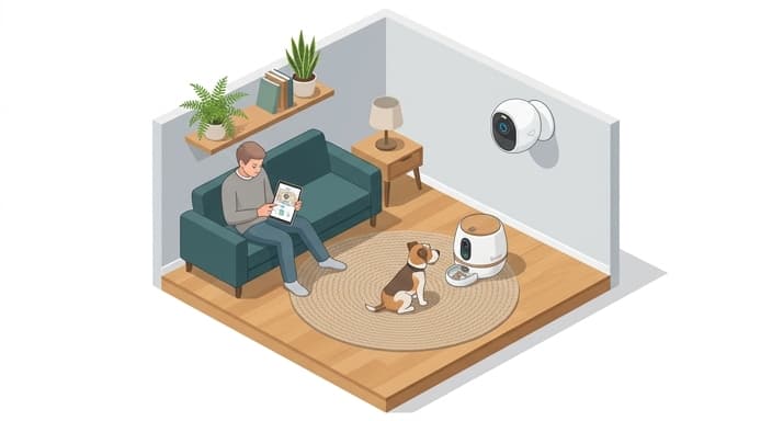 A pet parent checks in and rewards their dog with a smart treat dispenser and camera system.