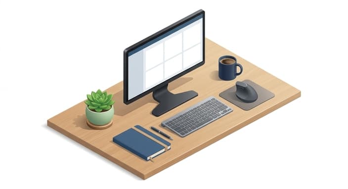 A clean home-office desk featuring a vertical ergonomic mouse beside a keyboard and monitor.