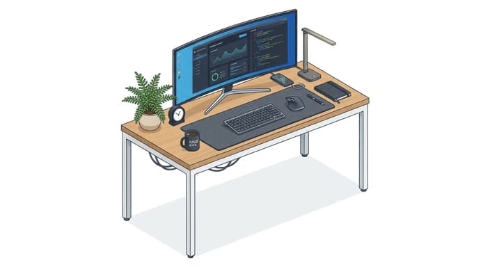 A clean workstation highlighting an ergonomic vertical mouse on a wide desk mat.