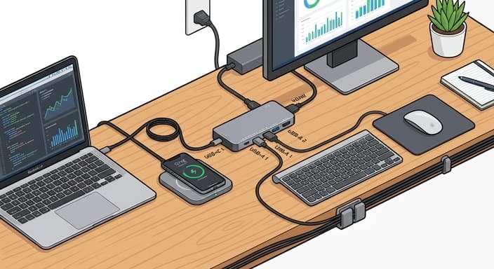 A modular charging hub keeps cables organized and devices powered at the workstation.