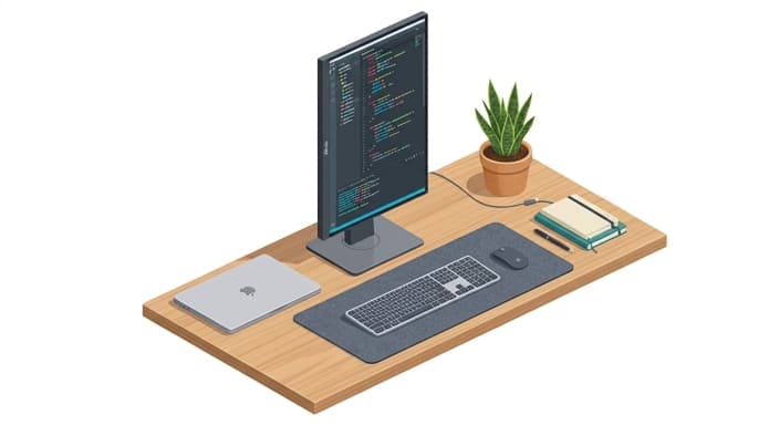 Vertical monitor workstation with a felt desk mat anchoring the keyboard and mouse.