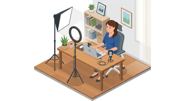 Ring light and diffuser setup for clearer video calls.