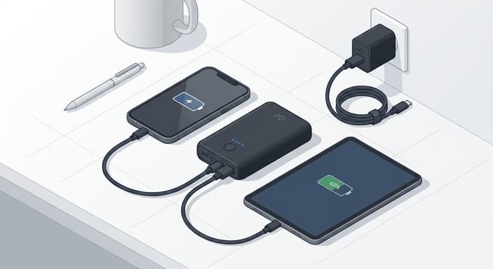 Compact airline-friendly power bank charges a phone and tablet on the go.