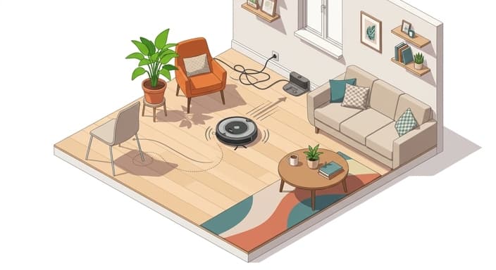 A modern robot vacuum cleans the living room floor near its charging dock, avoiding furniture in a busy home.