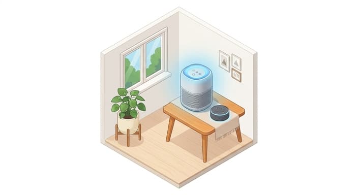 A smart air purifier and speaker sit together, suggesting quiet, voice-enabled cleanliness in the home.