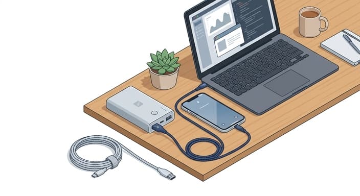 A portable charger and braided cable ready for a day out, keeping devices powered.