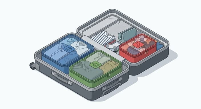 An open suitcase with color-coded packing cubes neatly organized for different activities.
