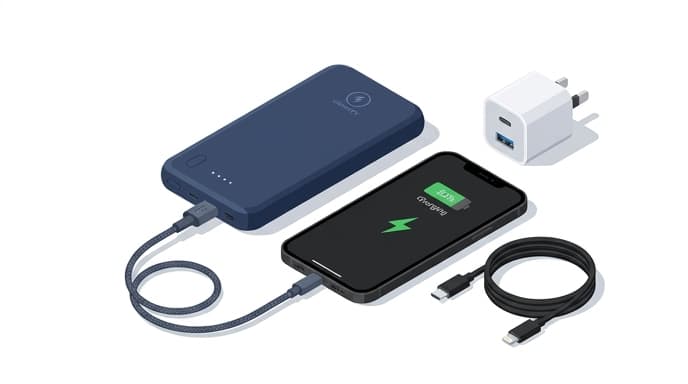 A slim high-capacity power bank keeps a smartphone charged during long journeys.