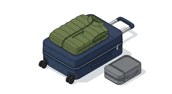 A packable jacket with invisible pockets rests on a small carry-on beside a packing cube, illustrating space-saving warmth for spring travel.