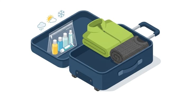 A neatly organized carry-on reveals a fresh layer and a TSA-friendly liquids bag for reliable spring travel.