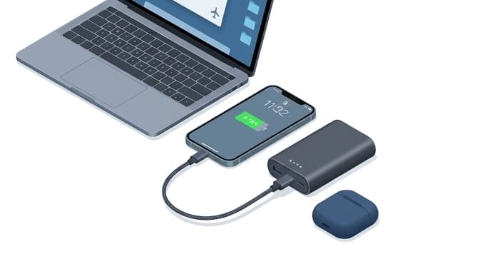 A compact PD-powered charging setup ready for a layover.