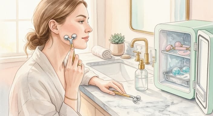 A morning skincare moment with a metal facial roller cooling the cheek beside a spray bottle.